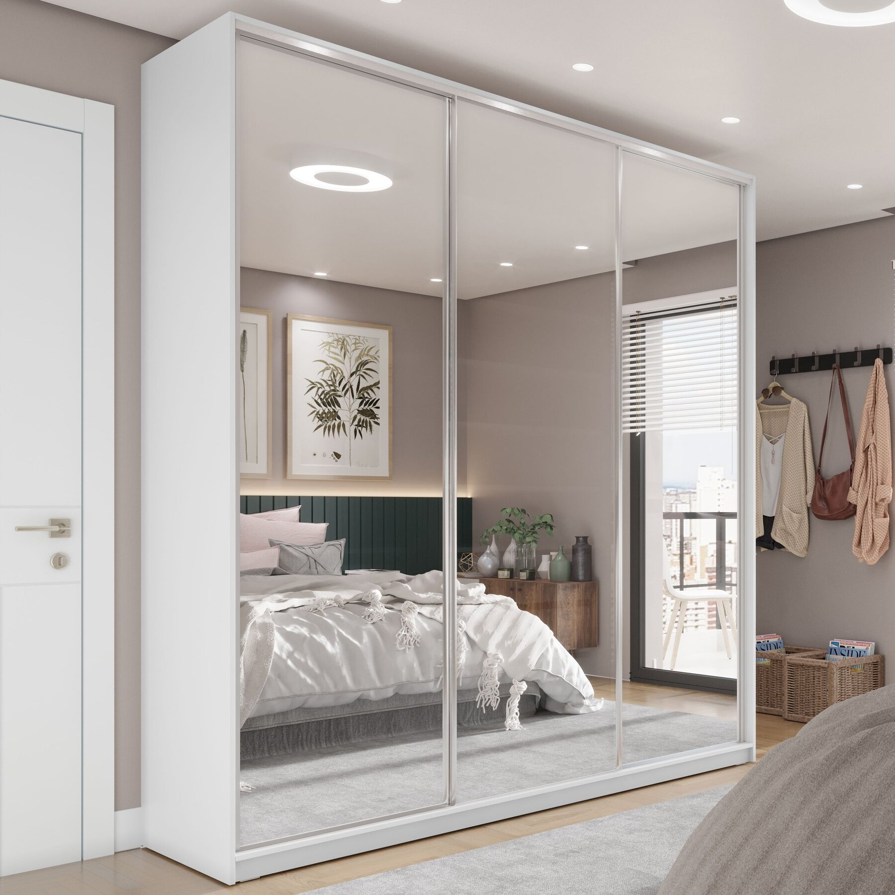 Guarda Roupa Casal 100% Mdf Bp Com 3 Portas Espelho Zermatt Branco