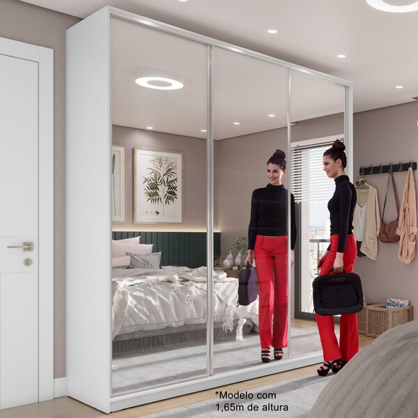 Guarda Roupa Casal 100% Mdf Bp Com 3 Portas Espelho Zermatt Branco
