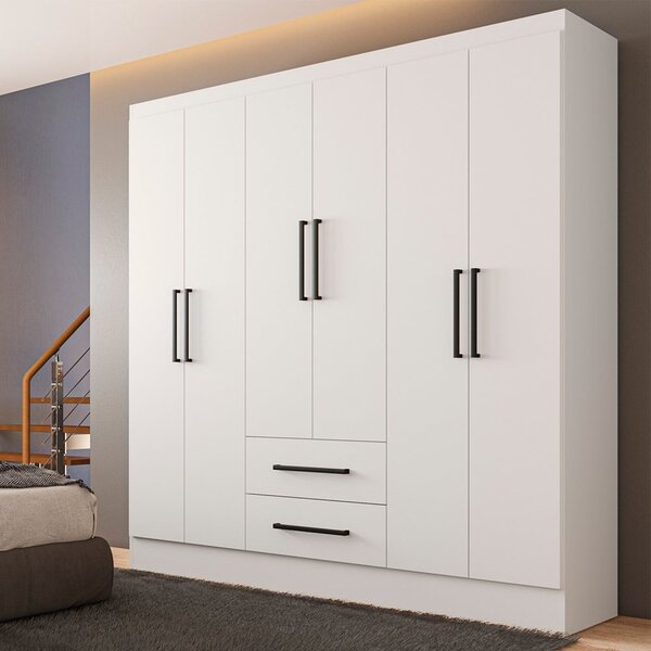 Guarda Roupa Casal 160cm 2 Gavetas 6 Portas Âmbar Branco