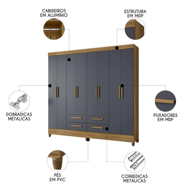 Guarda Roupa Casal 204cm 8 Portas Vitta Freijó/cinza Z17