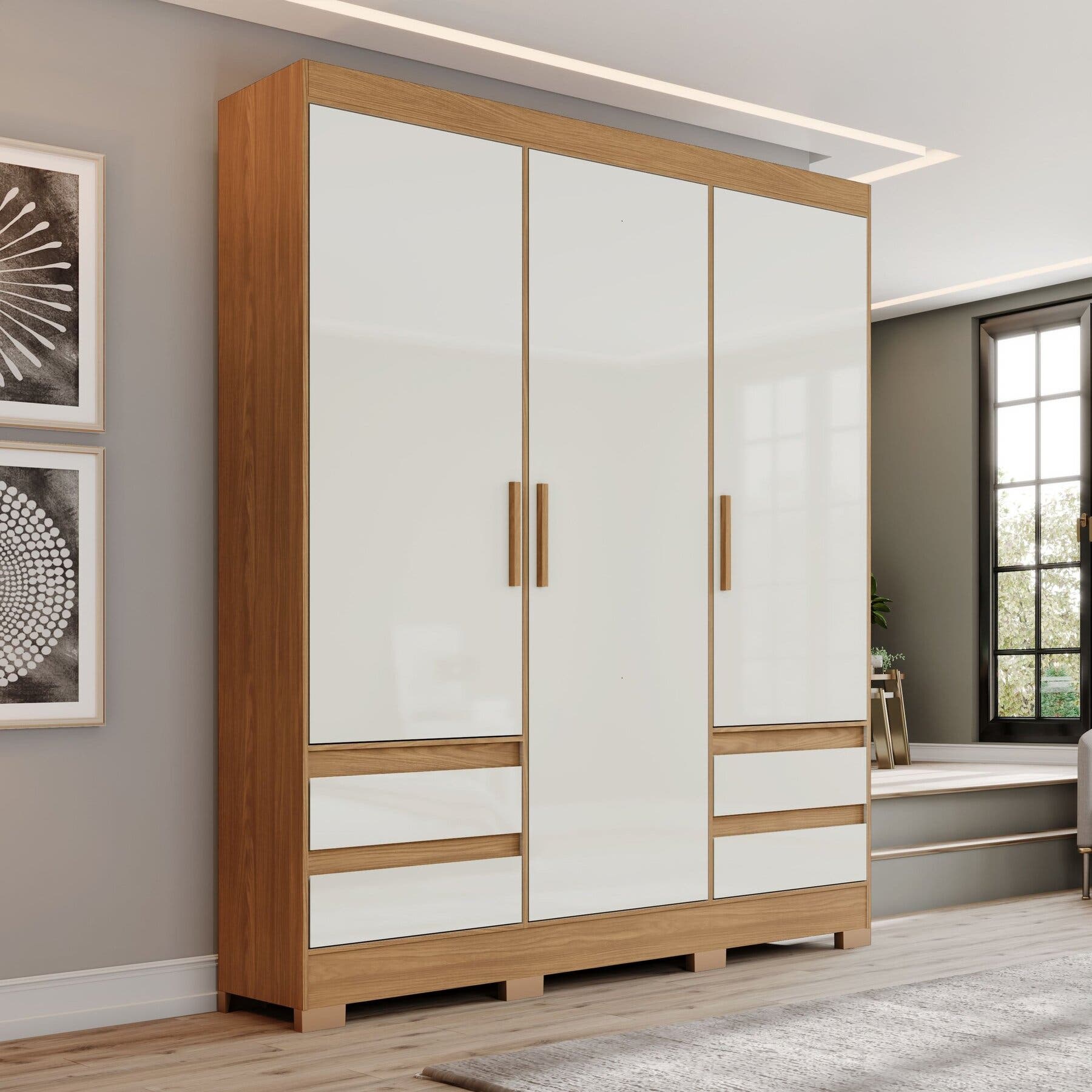 MIREYフルセット Guarda Roupa Casal 3 Portas 4 Gavetas Lema Bege/nature/off White