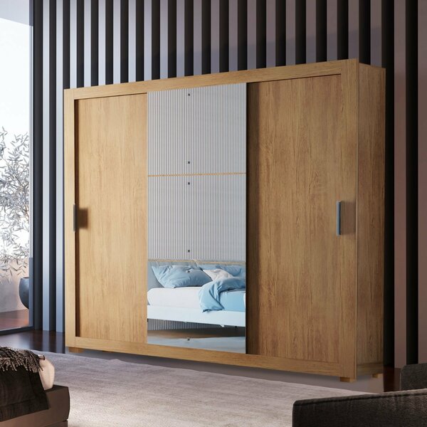 Guarda Roupa Casal 3 Portas 4 Gavetas Mdf Com Pés E Espelho B