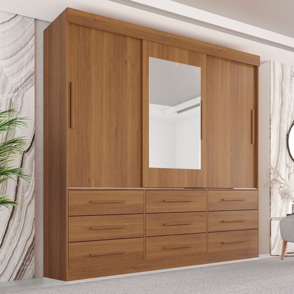 Guarda Roupa Casal 3 Portas 9 Gavetas Com Espelho Luana  Cina