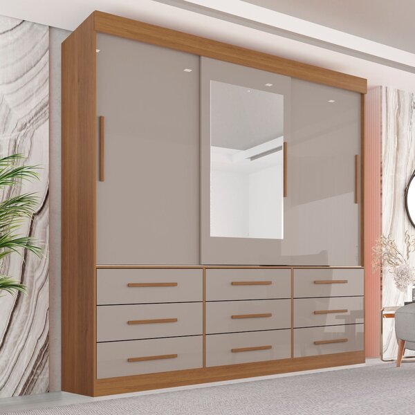 Guarda Roupa Casal 3 Portas 9 Gavetas Com Espelho Luana  Cina