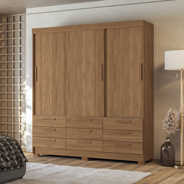 Guarda-Roupa Casal 3 Portas de Correr 9 Gavetas 194,40cm Morr