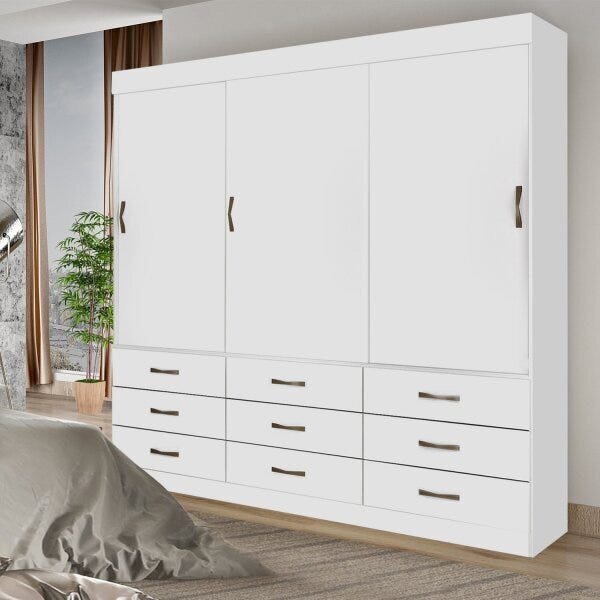 Guarda-roupa Casal 3 Portas De Correr 9 Gavetas Turim  Branco