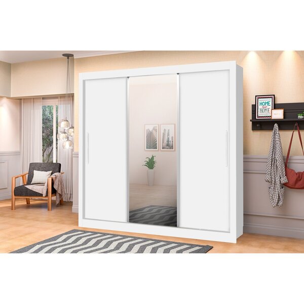 Guarda Roupa Casal 3 Portas De Correr Com Espelho Omega Branco