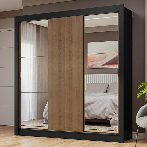 Guarda-roupa Casal 3 Portas De Correr Com Espelhos Preto/rust