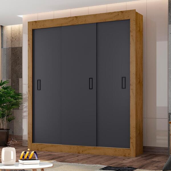 Guarda Roupa Casal 3 Portas De Correr Freijó Carbono 22030 Ar