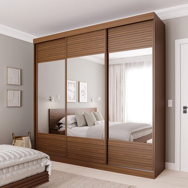 Guarda-roupa Casal 3 Portas De Correr Ripadas Com Espelho Sam