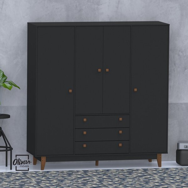 Guarda Roupa Casal 4 Portas 3 Gavetas Vintage Olivar Preto