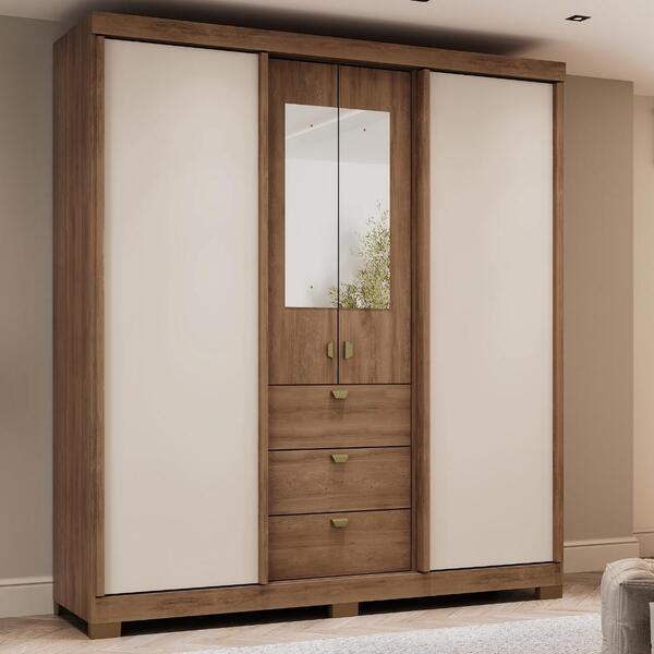 Guarda Roupa Casal 4 Ptas C/ Espelho Fit Carraro Freijó/offw