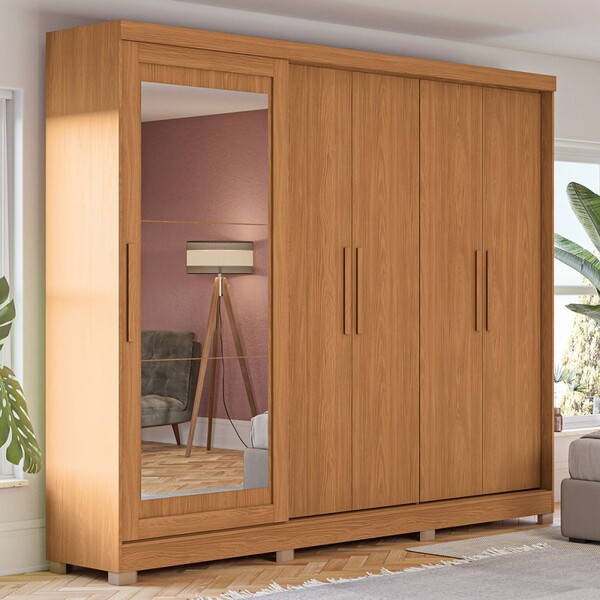 Guarda-roupa Casal 5 Portas 4 Gavetas Com Espelho Canela - Ka