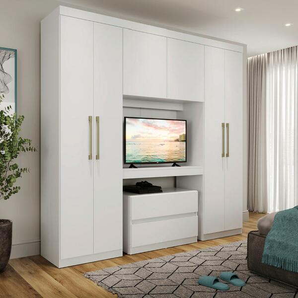 Guarda Roupa Casal 6 Portas 2 Gavetas Porto Branco Com Painel