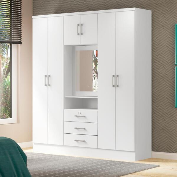 Guarda Roupa Casal 6 Portas 3 Gavetas Espelho Branco Carraro