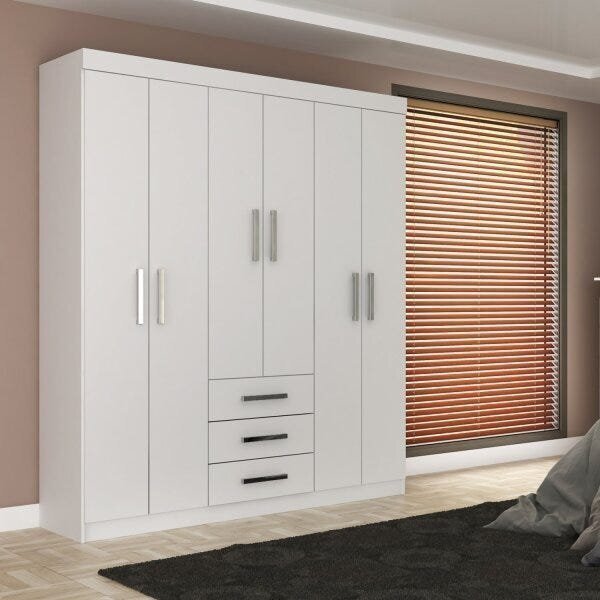 Guarda-roupa Casal 6 Portas 3 Gavetas Fortaleza Rodial Branco