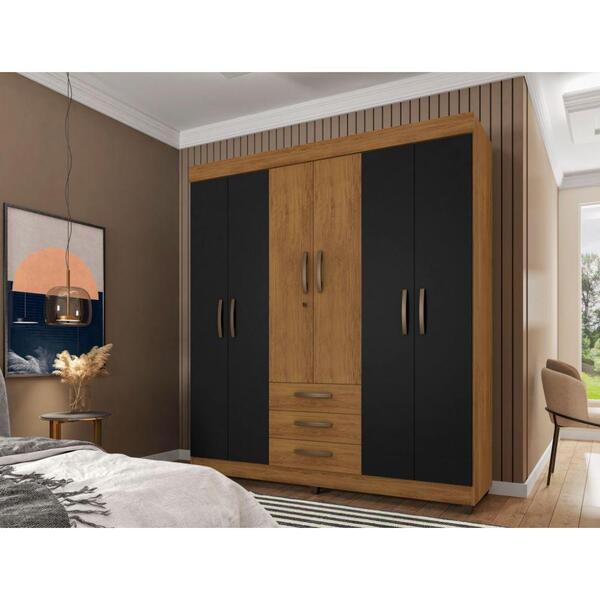 Guarda-roupa Casal 6 Portas 3 Gavetas Lion Freijó E Preto
