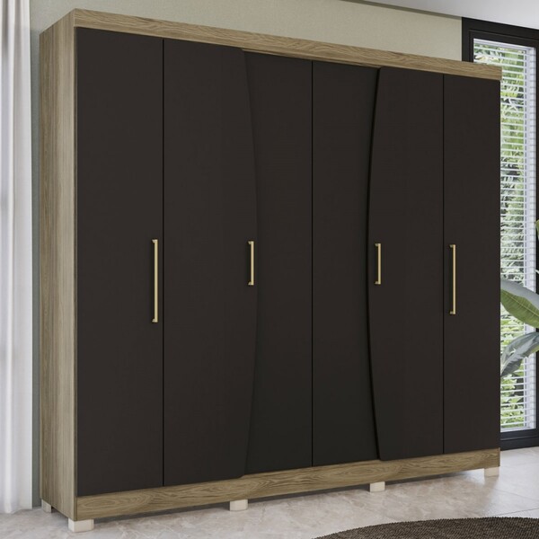 Guarda-roupa Casal 6 Portas 3 Gavetas Nogueira/preto Cbpm556