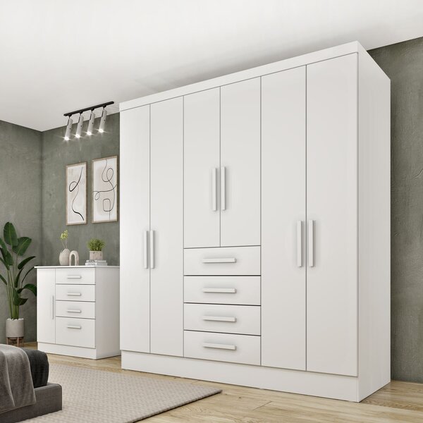 Guarda Roupa Casal 6 Portas 4 Gavetas 180cm Arizona   Neve