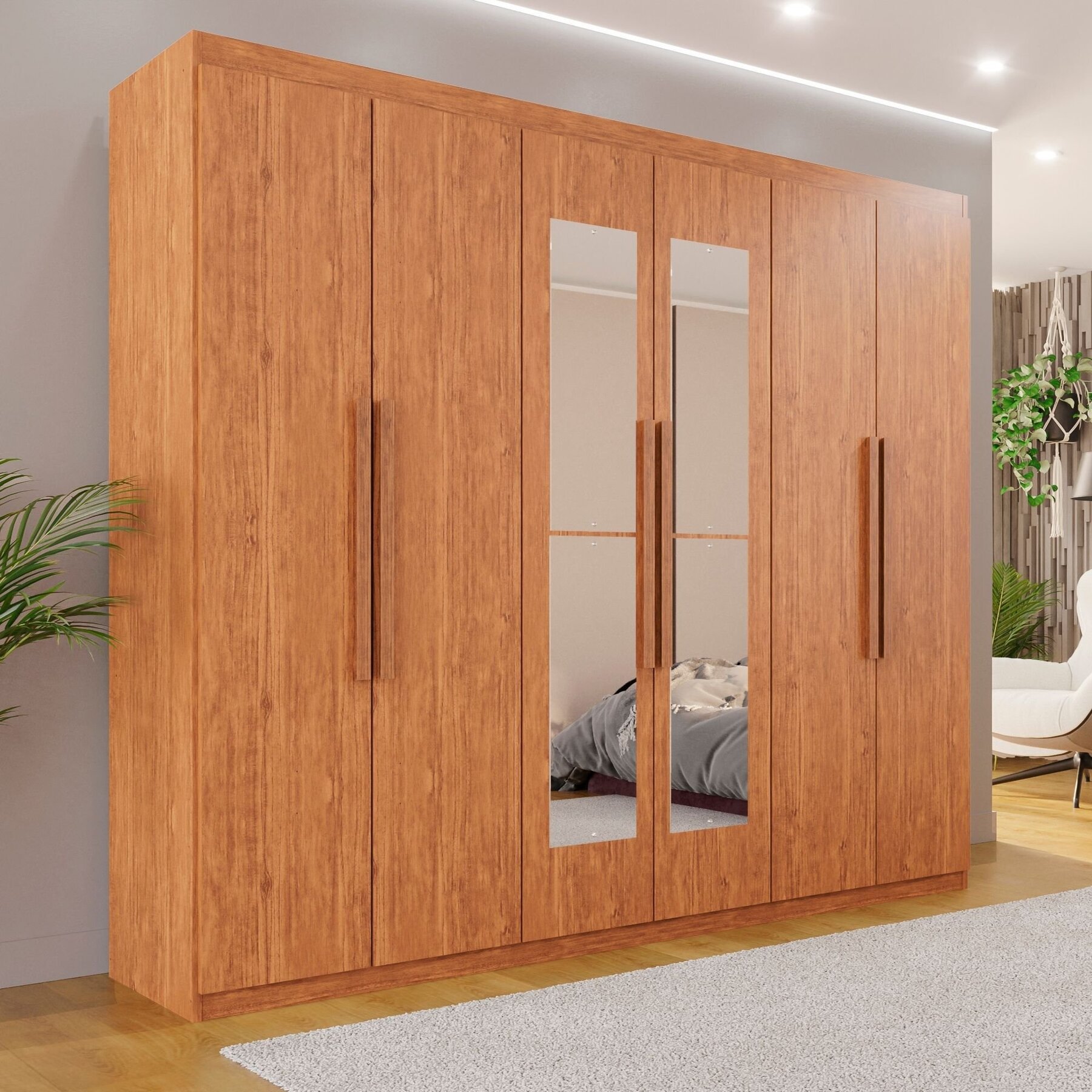 Guarda-roupa Casal 6 Portas 4 Gavetas Com Espelho Atlanta Cinamomo