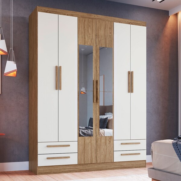 Guarda-roupa Casal 6 Portas 4 Gavetas Com Espelho Wood/branco