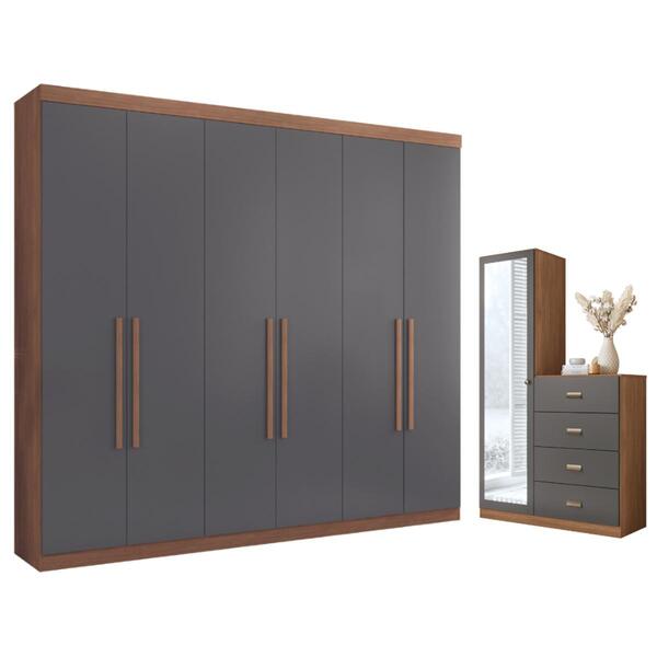 Guarda Roupa Casal 6 Portas Cômoda Ampelios Jatobá Grafite