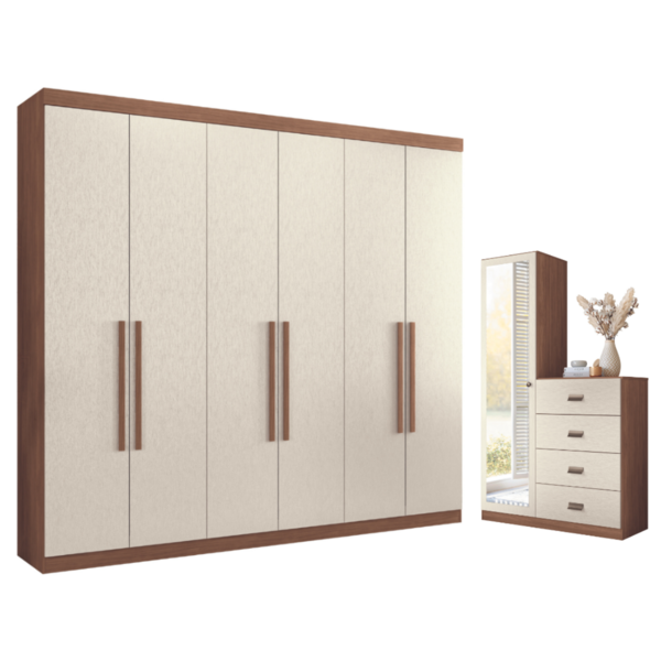 Guarda Roupa Casal 6 Portas Cômoda Com Espelho Jatobá Areia