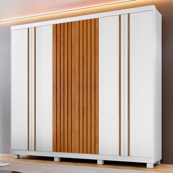 Guarda-roupa Casal Alaska 6 Portas 5 Gavetas Ripado Branco/ci