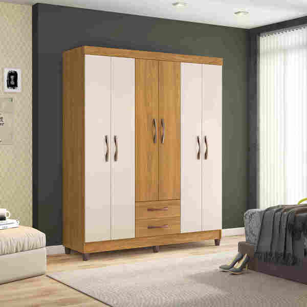 Guarda-roupa Casal Ambar 6 Portas 2 Gavetas Carvalho Grife /