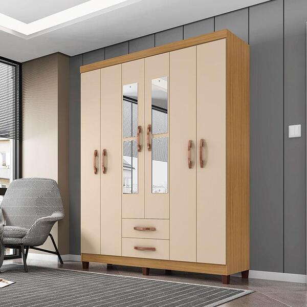 Guarda Roupa Casal Ambiente Modena Com Espelho 6 Portas Carva