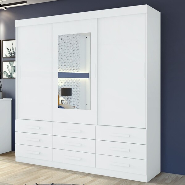 Guarda-roupa Casal Anne 3 Portas 9 Gavetas Com Espelho Branco