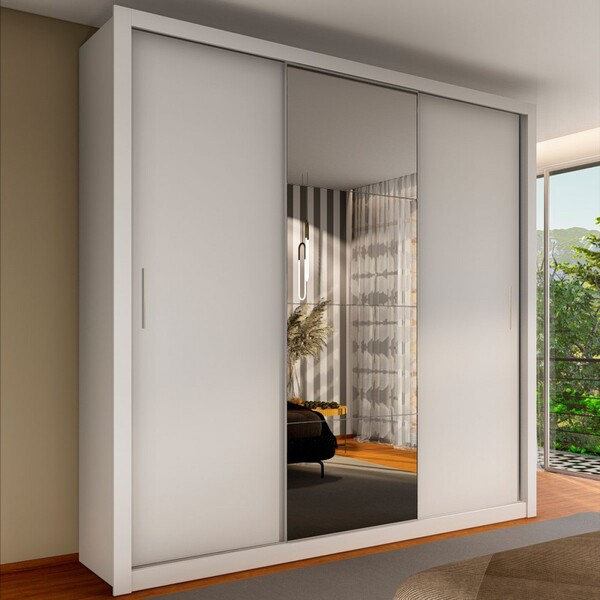 Guarda-roupa Casal Apolo 3 Portas Com Espelho Branco - Pnr Mó