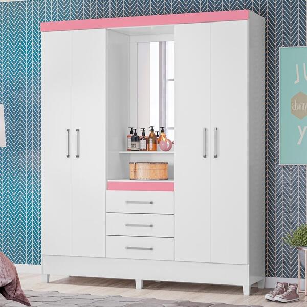 Guarda Roupa Casal Arezzo Branco/rosa/branco