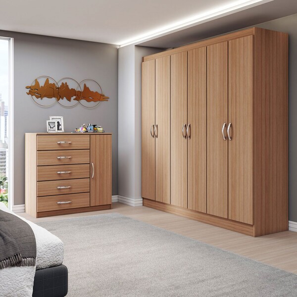 Guarda-roupa Casal Aurora 6 Portas 2 Gavetas Com Cômoda 1 Por