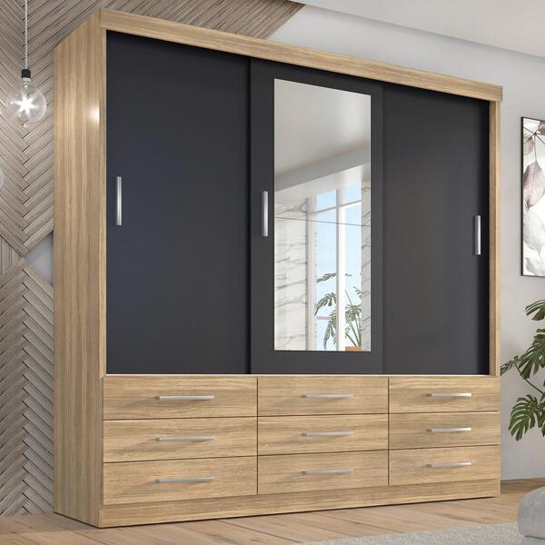 Guarda Roupa Casal Capri 3 Portas Correr 9 Gav C/ Espelho