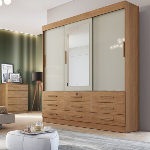 Guarda Roupa Casal Com Espelho 3 Portas 9 Gavetas Barcelona N