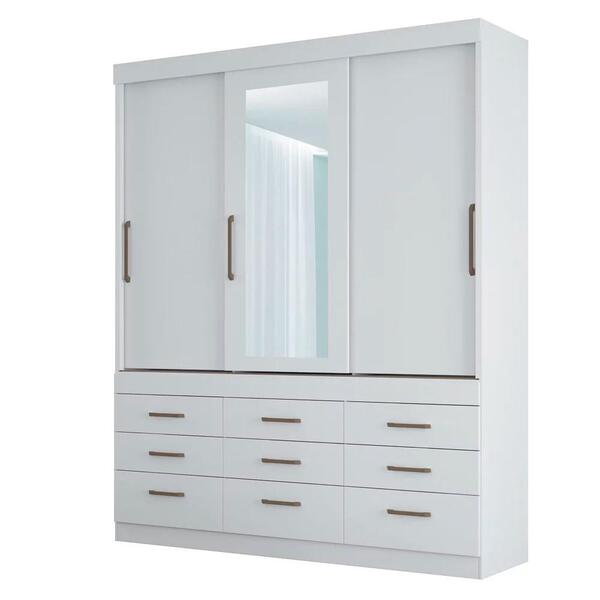 Guarda Roupa Casal Com Espelho 3 Portas 9 Gavetas Click Branc