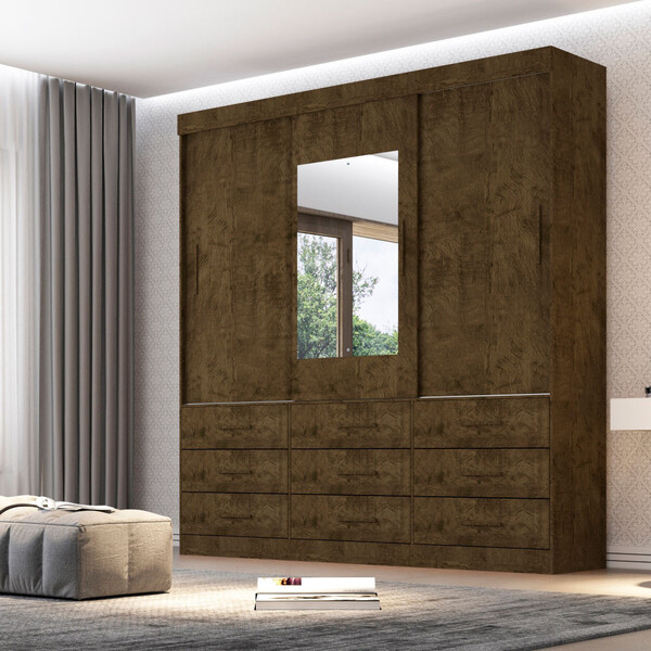 Guarda Roupa Casal Com Espelho 3 Portas 9 Gavetas New Star Sa