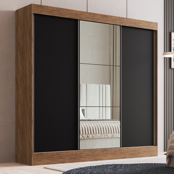 Guarda Roupa Casal Com Espelho 3 Portas De Correr 100 Mdf Mic