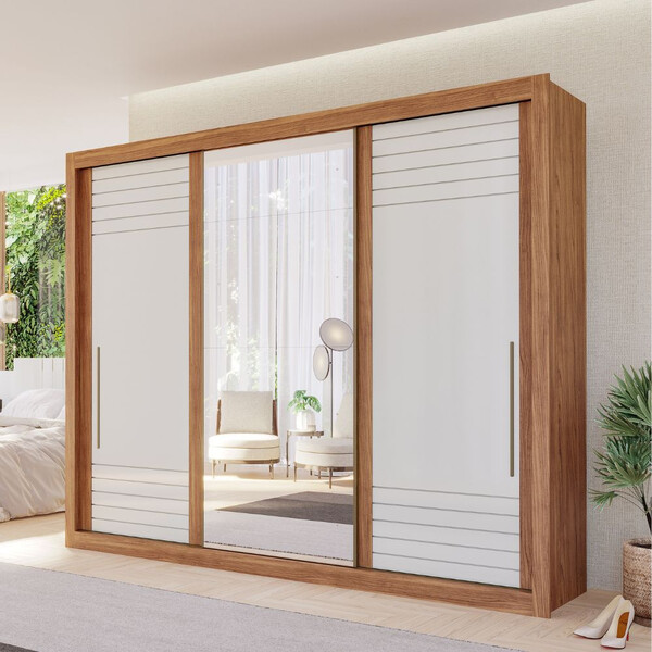 Guarda Roupa Casal Com Espelho 3 Portas De Correr 100 Mdf Vit