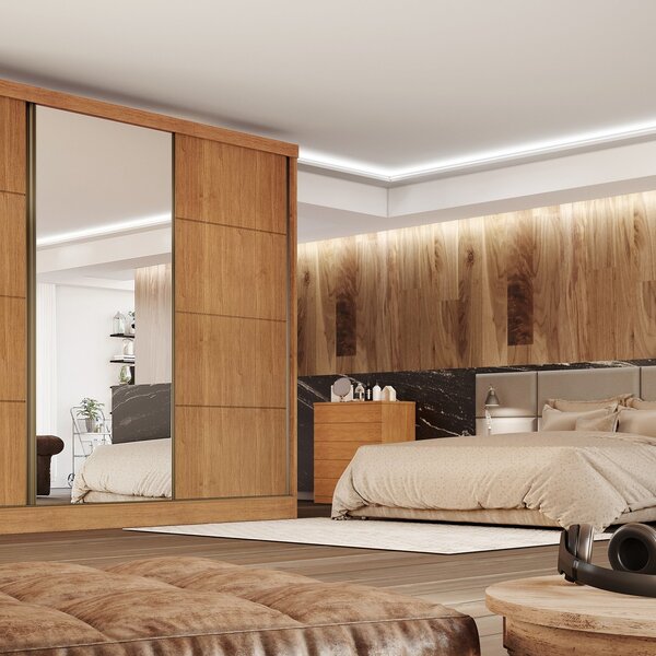 Guarda Roupa Casal Com Espelho 3 Portas De Correr 6 Gavetas E