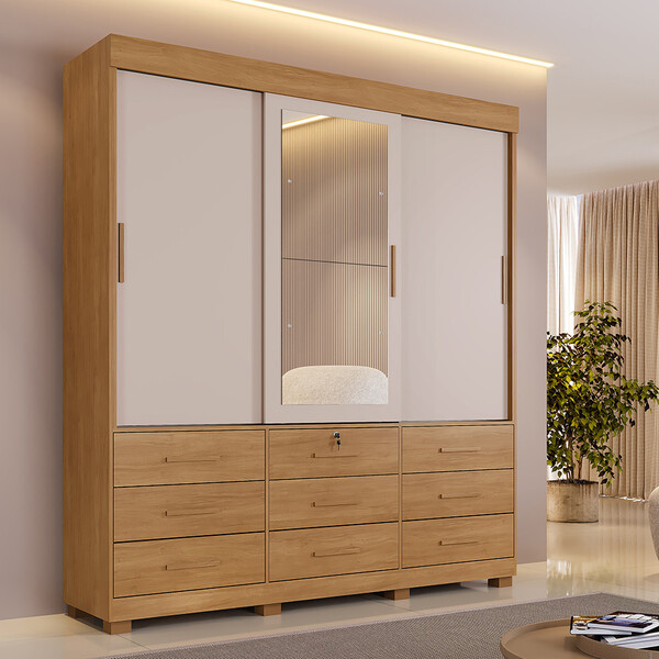 Guarda Roupa Casal Com Espelho 3 Portas De Correr 9 Gavetas C