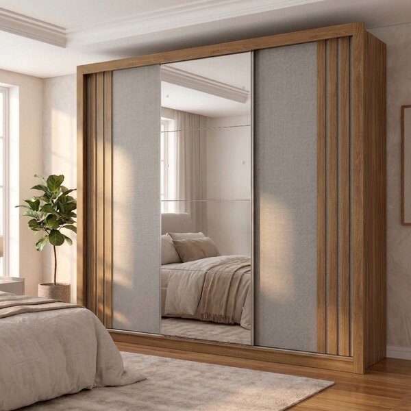 Guarda Roupa Casal Com Espelho 3 Portas De Correr E 4 Gavetas