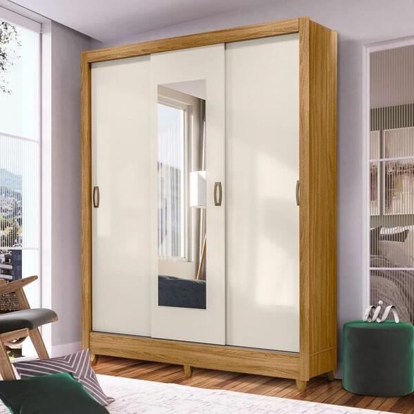 Guarda Roupa Casal Com Espelho 3 Portas De Correr Freijó Off