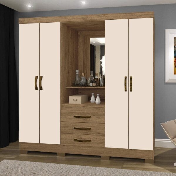 Guarda Roupa Casal Com Espelho 4 Portas 3 Gavetas Bhappy Sien