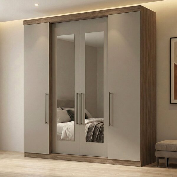 Guarda Roupa Casal Com Espelho 4 Portas 4 Gavetas Berlim Nogu