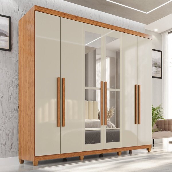 Guarda-roupa Casal Com Espelho 6 Portas 2 Gavetas Com Pés 100