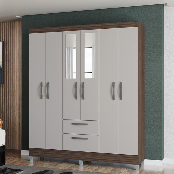 Guarda Roupa Casal Com Espelho 6 Portas 2 Gavetas Multi Poque