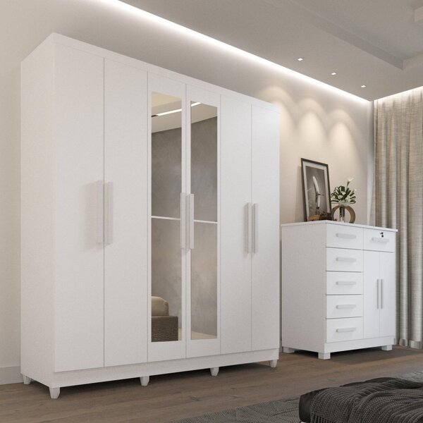 Guarda Roupa Casal Com Espelho 6 Portas 2 Gavetas Porto Branco