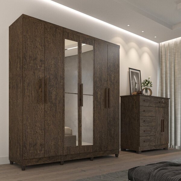 Guarda Roupa Casal Com Espelho 6 Portas 2 Gavetas Porto Wengue